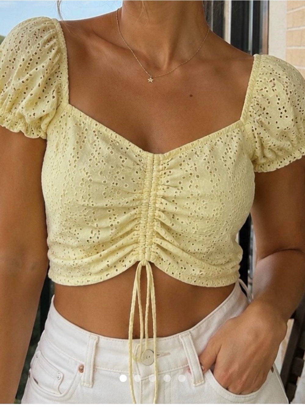 Hollister Light Yellow Eyelet Ruched Crop Top